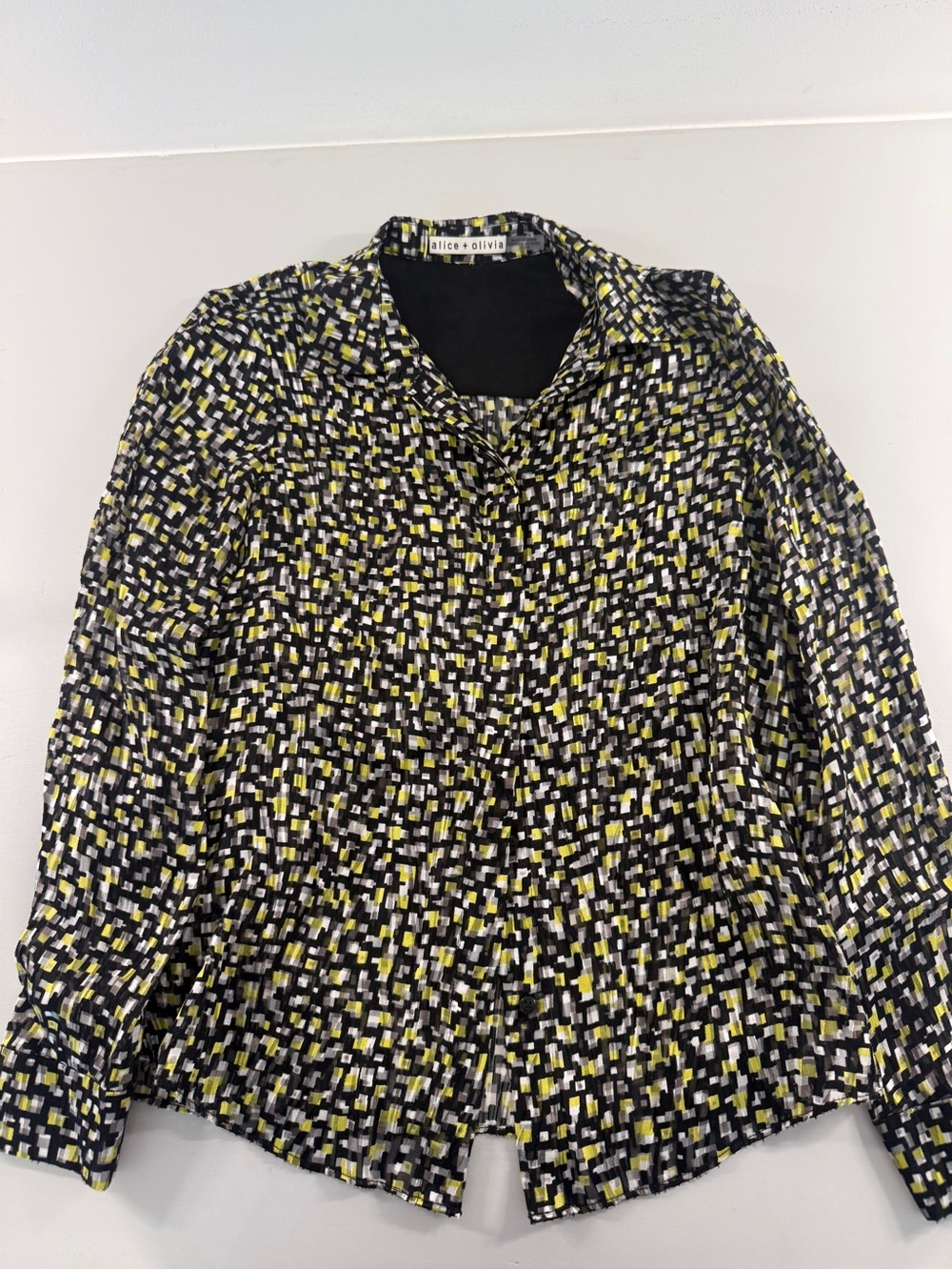 Alice + Olivia Black, Yellow & White Patterned Button-Down Shirt